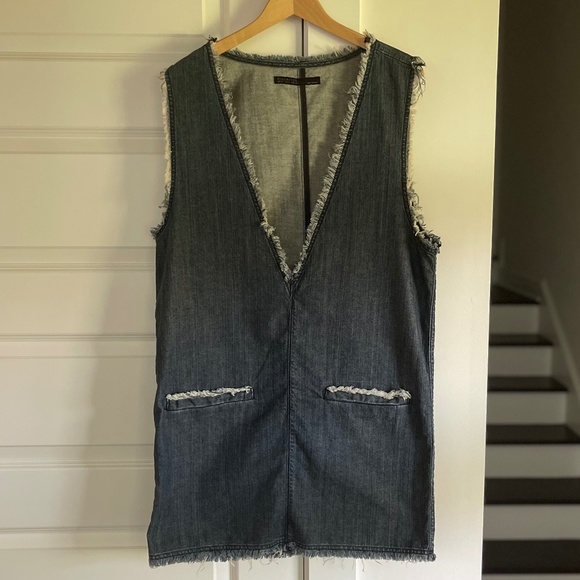 All Saints Reika Denim Jumper Dress w/ Plunging Neckline + Frayed Trim ~ Size 8 - Picture 4 of 10